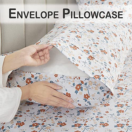Softan Floral Twin Size Sheet Set, Orange Flower Printed Bed Sheets for Girls, 3-Piece Microfiber Single Fitted Sheet with 15" Deep Pocket & Non-Slip Straps, Patterned Bedding Sheets & Pillowcase Set Softan