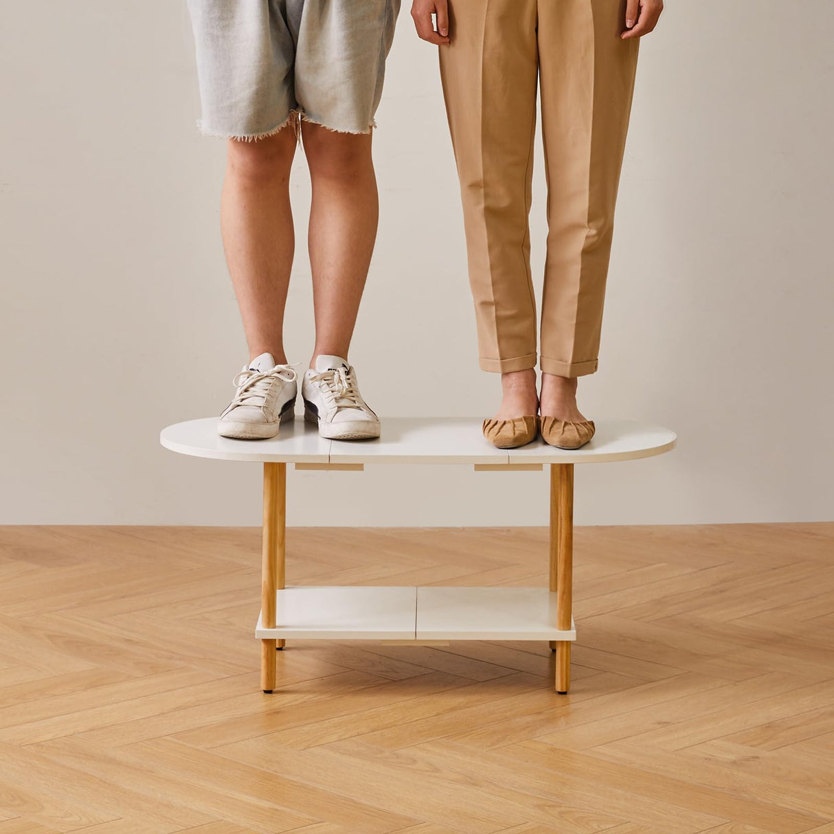 Aibiju Oval Coffee Table White, Small Wooden Coffee Table for Small Space, Splicing Design 35 * 16 * 17in, 2 Tier Center Table for Living Room White YD-011W Aibiju