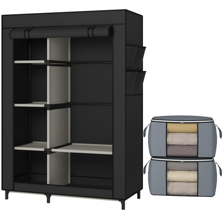 Calmootey Portable Closet, Wardrobe with 6 Shelves and Hanging Rod, Storage Organizer for Bedroom, Non-Woven Fabric Cover with 4 Side Pockets, Includes 2 Storage Bags for Clothes, Black Calmootey
