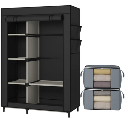 Calmootey Portable Closet, Wardrobe with 6 Shelves and Hanging Rod, Storage Organizer for Bedroom, Non-Woven Fabric Cover with 4 Side Pockets, Includes 2 Storage Bags for Clothes, Black