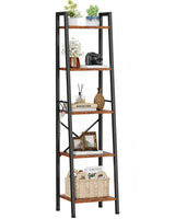 Furologee 5 Tier Ladder Shelf Bookcase, Tall Narrow Bookshelf with 2 Hooks, Rustic Brown Bathroom Corner Book Shelf, Metal Wood Book Case Standing Unit, Display Shelf for Living Room Office Kitchen Furologee