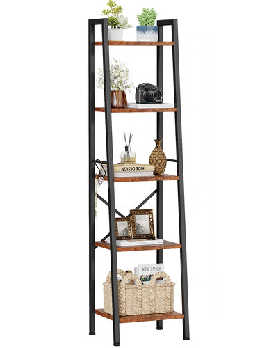 Furologee 5 Tier Ladder Shelf Bookcase, Tall Narrow Bookshelf with 2 Hooks, Rustic Brown Bathroom Corner Book Shelf, Metal Wood Book Case Standing Unit, Display Shelf for Living Room Office Kitchen