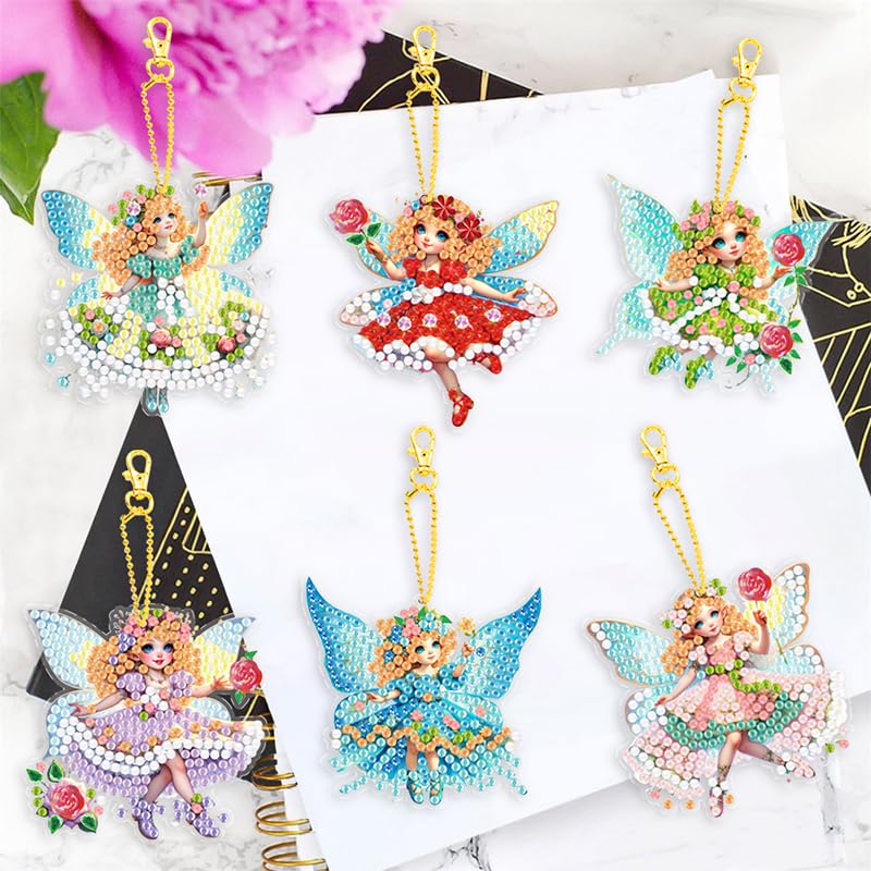 YUE ZHE 6 PCS Diamond Painting Keychains Double Sided Flower Fairy Diamond Art Kits for Adults DIY 5D Painting Keychains Ornaments for Adults Beginners DIY Crafts Decor YUE ZHE