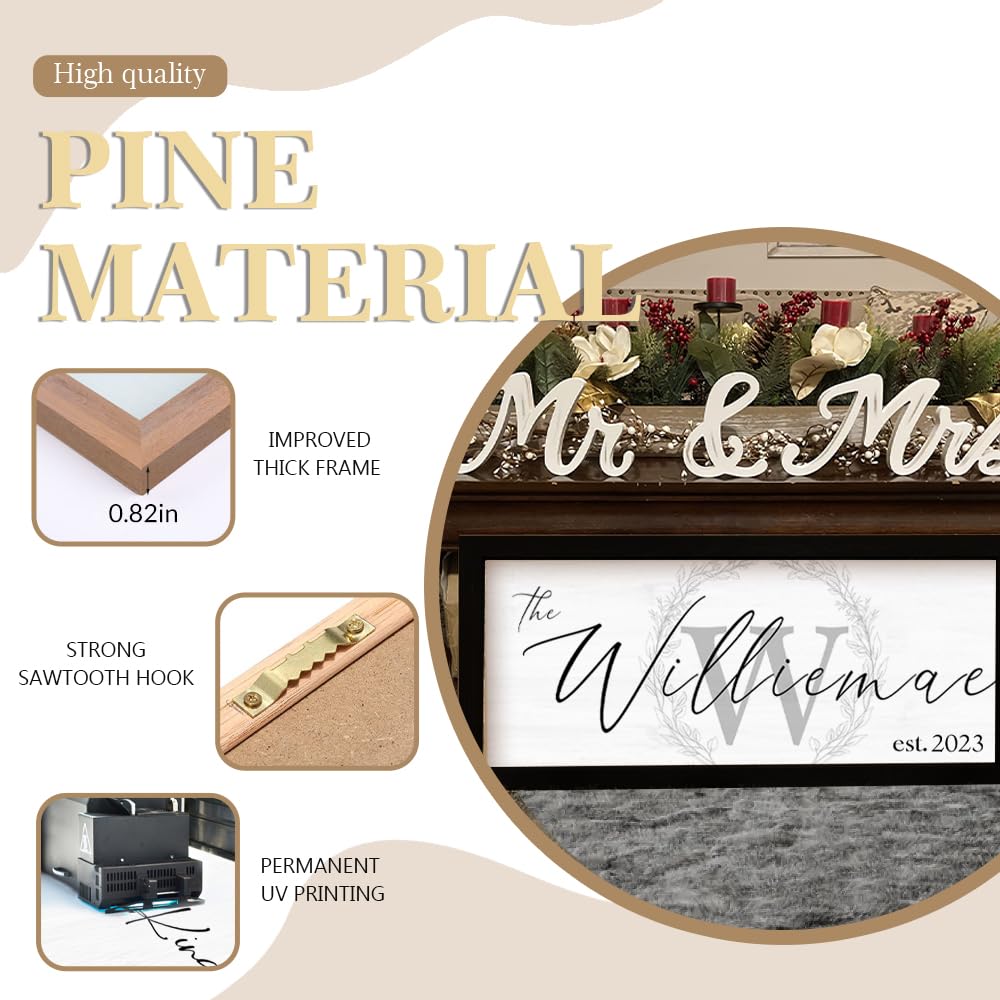 Last Name Signs for Home | Personalized Framed Wooden Family Name Sign for Home Decor Wall | Custom Wood Signs | Monogram Name Wall Decor | Established Wood Sign (Black Frame, Monogram) YATIE