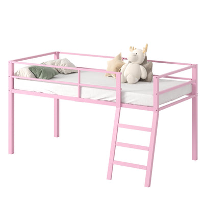Lutown-Teen Metal Loft Bed with Stairs and Guardrail for Juniors, Space Saving Loft Bed Twin Size for Small Bedroom, Pink