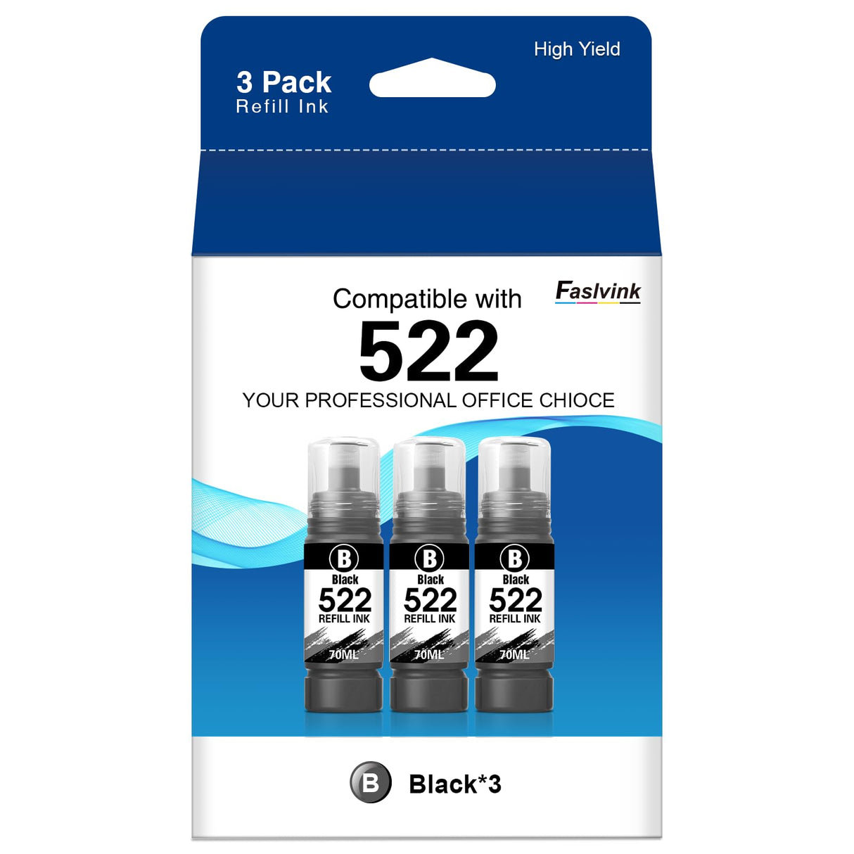 Faslvink Compatible 522 Black Ink Bottles ET-2800 ET-4800 ET-2400 ET-2803 Ink Refill Replacement for Epson 522 Ink Refill Bottles Black Use for Ecotank ET-2720 ET-4810 ET-2840 ET-4700 Printer (3-Black Faslvink