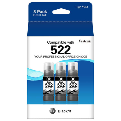 Faslvink Compatible 522 Black Ink Bottles ET-2800 ET-4800 ET-2400 ET-2803 Ink Refill Replacement for Epson 522 Ink Refill Bottles Black Use for Ecotank ET-2720 ET-4810 ET-2840 ET-4700 Printer (3-Black