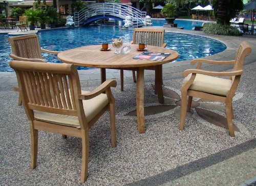 WholesaleTeak New 5 Pc Luxurious Grade-A Teak Dining Set - 48" Round Table and 4 Stacking Arbor Arm Chairs #WHDSAB3 WholesaleTeak