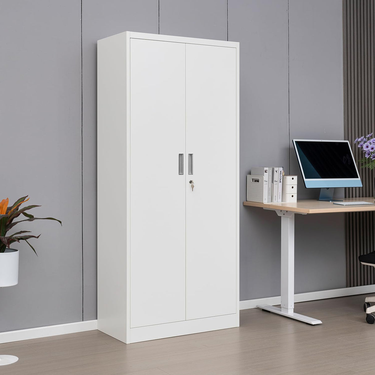 BESFUR Metal Storage Cabinets with Locking Doors and Adjustable Shelves, Steel Storage Cabinet for Garage, Office, Classroom - White BESFUR