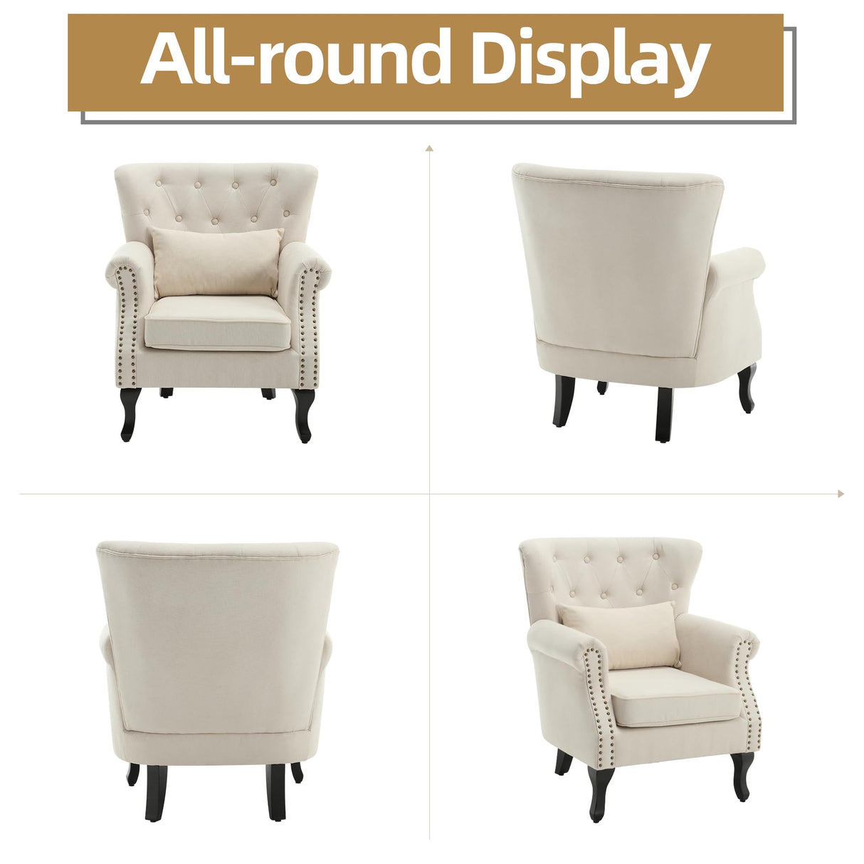 ABET Linen Wingback Chair Set of 2, Upholstered Club Chair for Living Room, Modern Rivet Trim Accent Armchair with Removable Lumbar Pillow, Comfy Single Sofa for Living Reading Room, Beige ABET