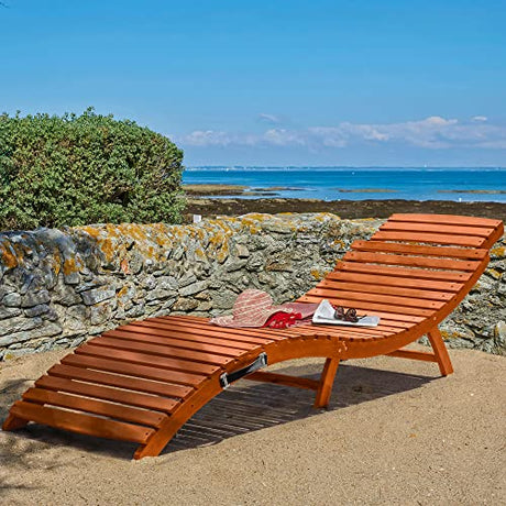 Greesum Wood Folding Chaise Lounge Chair, Weatherproof Extended Sun Lounger with Adjustable Headrest for Patio, Balcony Poolside Garden, Set of 2, Wooden Greesum