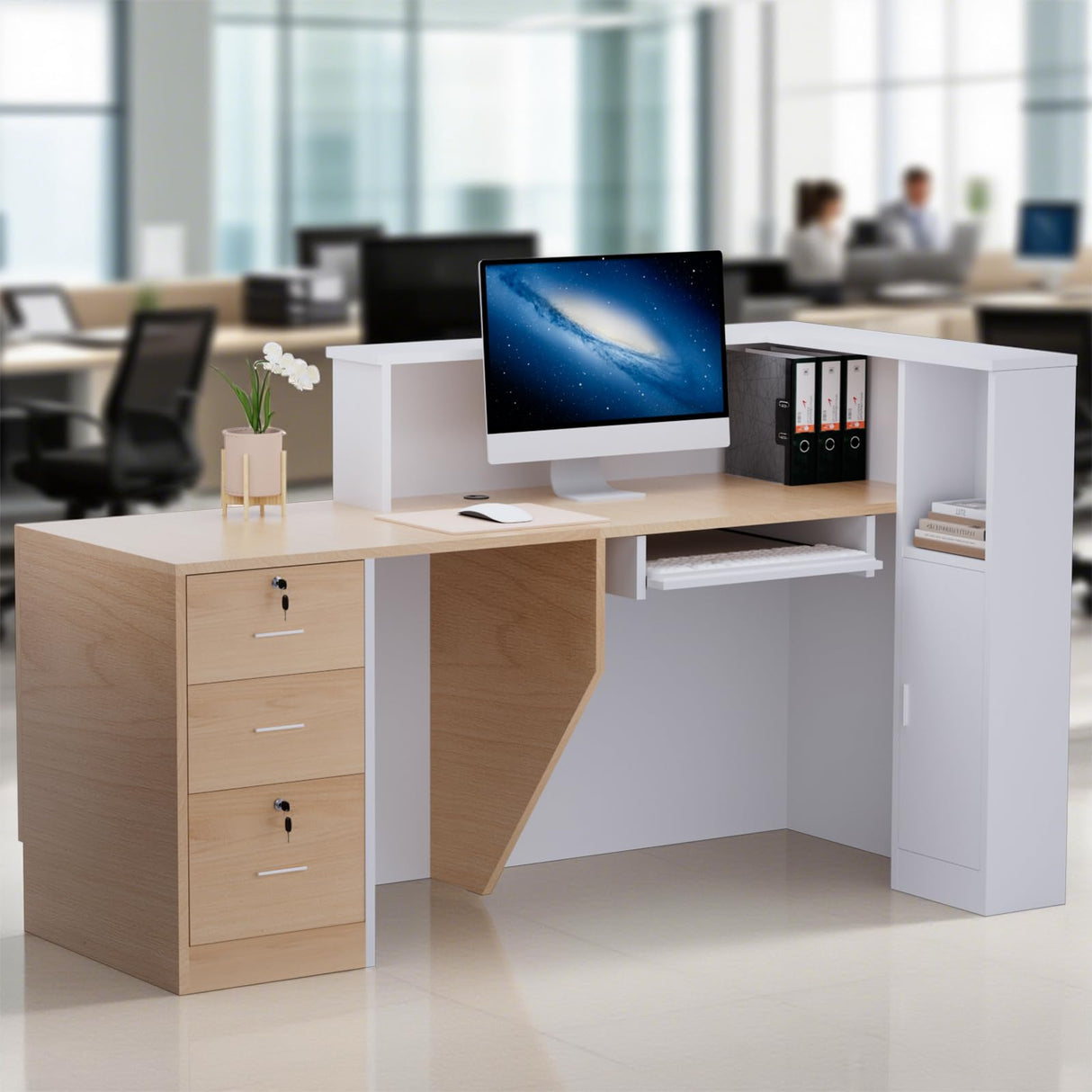 kaiwrxin L-Shaped Modern Reception Desk with Counter & Storage - 71" Large Office Front Desk, Salon Checkout Counter with Lockable Cabinets, Shelves(Oak & White, Left - 71''L x 34''W x 41''H) kaiwrxin