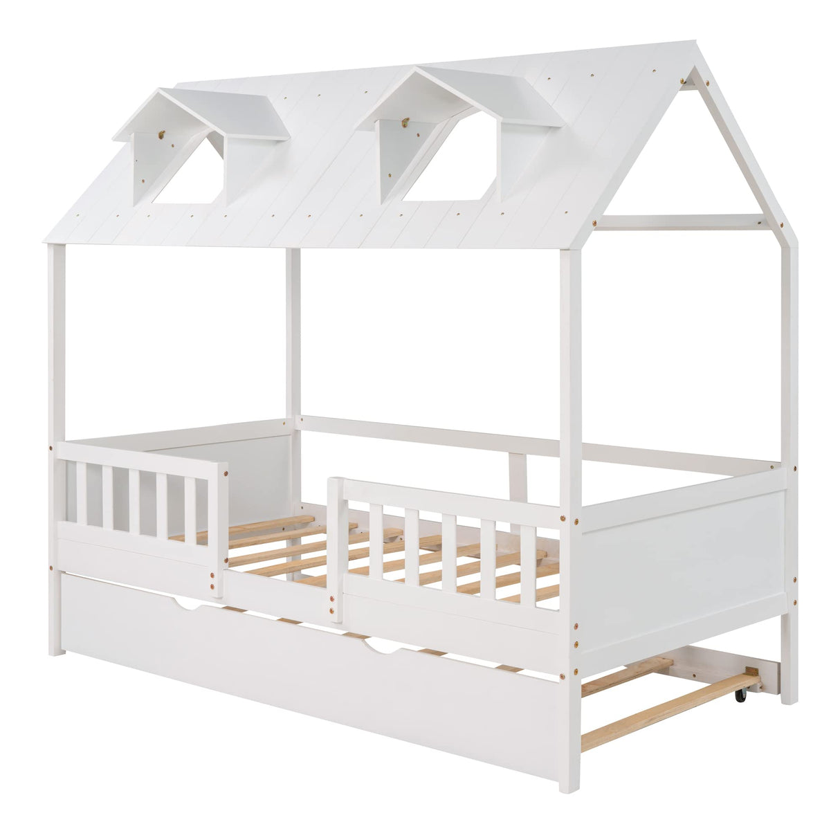 DHPM Twin Size Wooden Playhouse Bed with Trundle and Safety Fence in White DHPM
