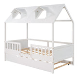 DHPM Twin Size Wooden Playhouse Bed with Trundle and Safety Fence in White DHPM