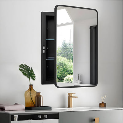 MEETDH 18"x26" Medicine Cabinet Mirror, Black Bathroom Cabinet with Mirror Wall-Mounted or Recessed, Bathroom Vanity Mirror with Storage, Solid Metal Frame, Adjustable Glass Shelves