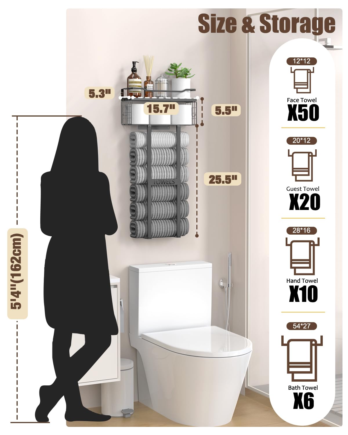 Aetyord Towel Racks for Bathroom 31inch Wall Mounted Towel Rack,Floating Shelf with Wood Plank,Towel Storage for Bathroom can Holds 6 Large Rolled Towels,All Black Aetyord