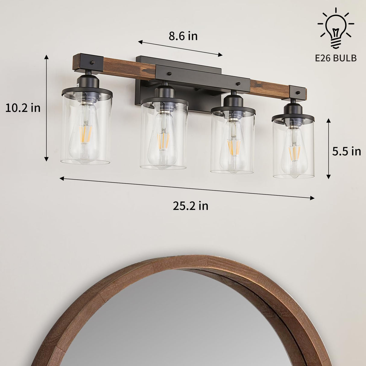 Feohak 4-Light Bathroom Vanity Light, Farmhouse Bathroom Light Fixtures Over Mirror, Rustic Industrial Wood Black Wall Lamp Sconce Light with Clear Glass Shade Feohak