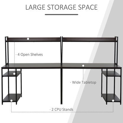 HOMCOM 94.5in Industrial Double Computer Desk with Hutch and Storage Shelves, Extra Long Two Person Home Office Desk, Writing Table Workstation for 2 People with CPU Stand, Brown Wood Grain - WoodArtSupply