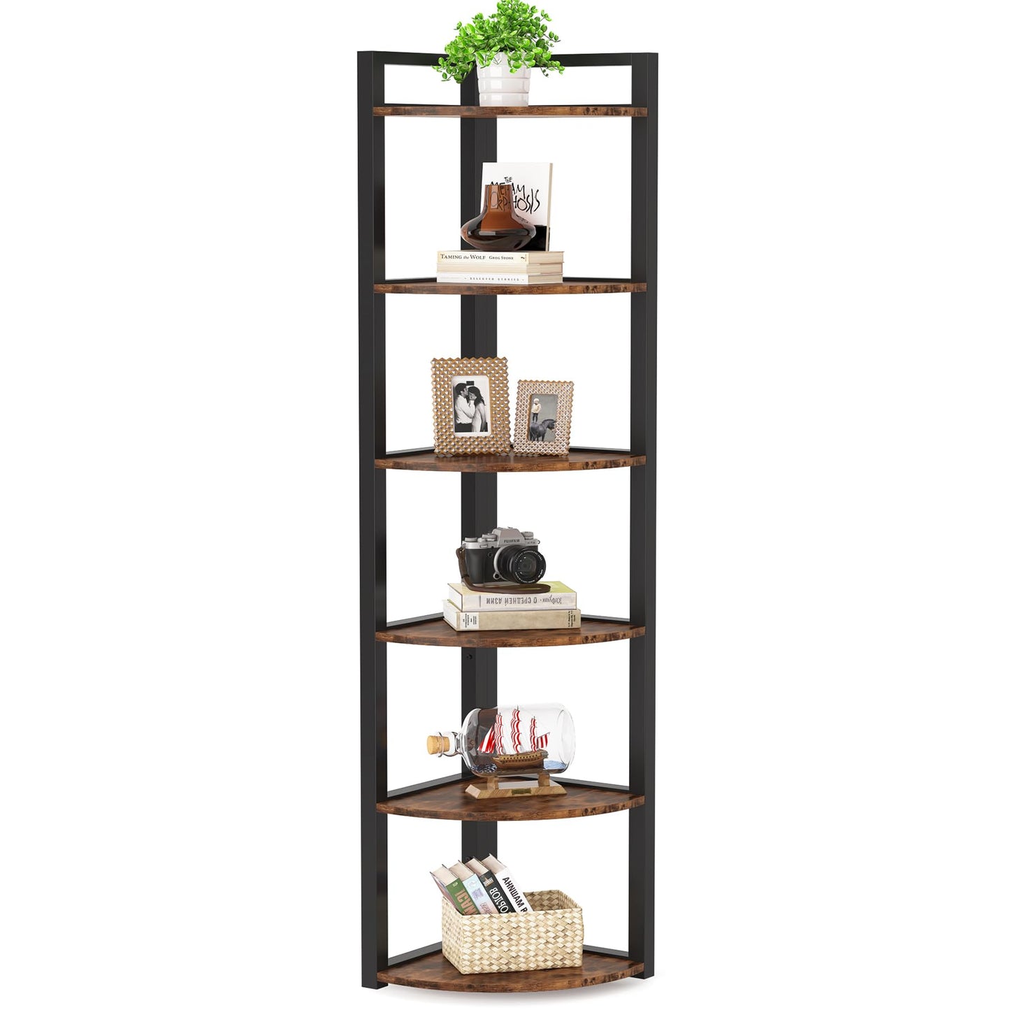 Versatile 6 Tier Rustic Corner Shelf Unit – 70.9 Inch Tall Storage Rack for Living Room, Home Office, and Small Spaces - WoodArtSupply