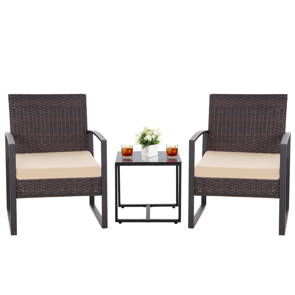 HYDRAGARDEN 3PCS Patio Furniture Set, Outdoor Wicker Bistro Conversation Set with Padded Cushions & Glass Table, Garden Rattan Chair Set for Porch Balcony Backyard (Plus Brown Wicker & Brown Cushions) EARLGROVE