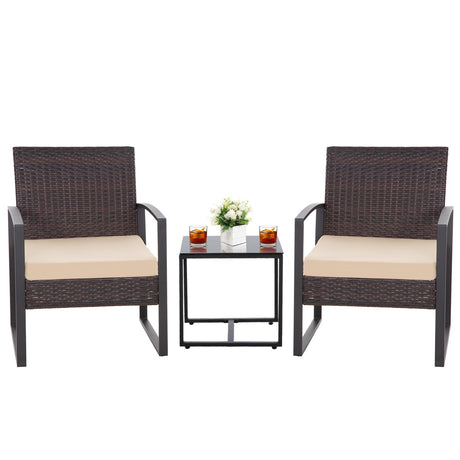HYDRAGARDEN 3PCS Patio Furniture Set, Outdoor Wicker Bistro Conversation Set with Padded Cushions & Glass Table, Garden Rattan Chair Set for Porch Balcony Backyard (Plus Brown Wicker & Brown Cushions) EARLGROVE