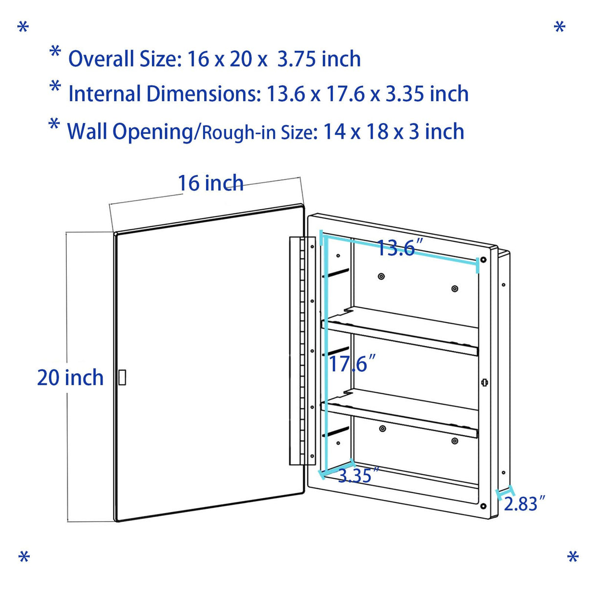 IDYLLOR Plastic Medicine Mirror Cabinet for Bathroom 16 x 20 inch, Surface and Recessed Mount IDYLLOR