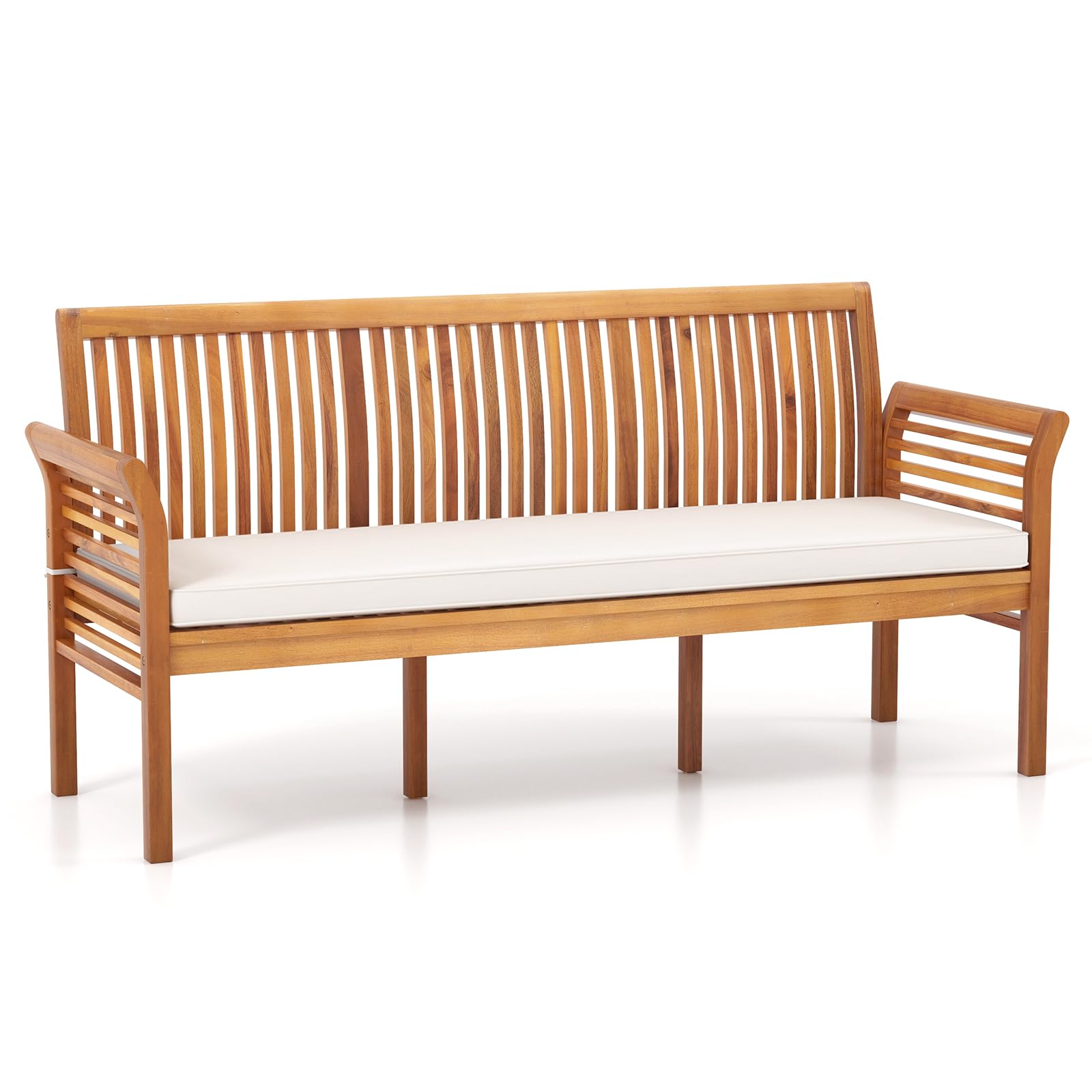 RELAX4LIFE 62.5’’ Outdoor Bench Acacia Wood - 3-Person Patio Bench w/Backrest, Armrests & Removable Seat Cushion, Slatted Wooden Garden Bench for Front Porch Park Backyard, 1200 LBS Weight Ca - WoodArtSupply