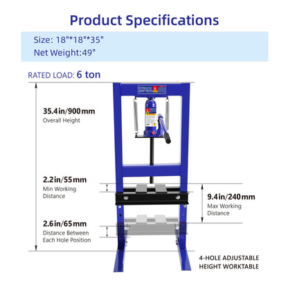 PULLAFUN Hydraulic Press, 6-Ton Benchtop Hydraulic Shop Press with Press Plates, H-Frame Garage Floor Press, Adjustable Working Table Height, Blue