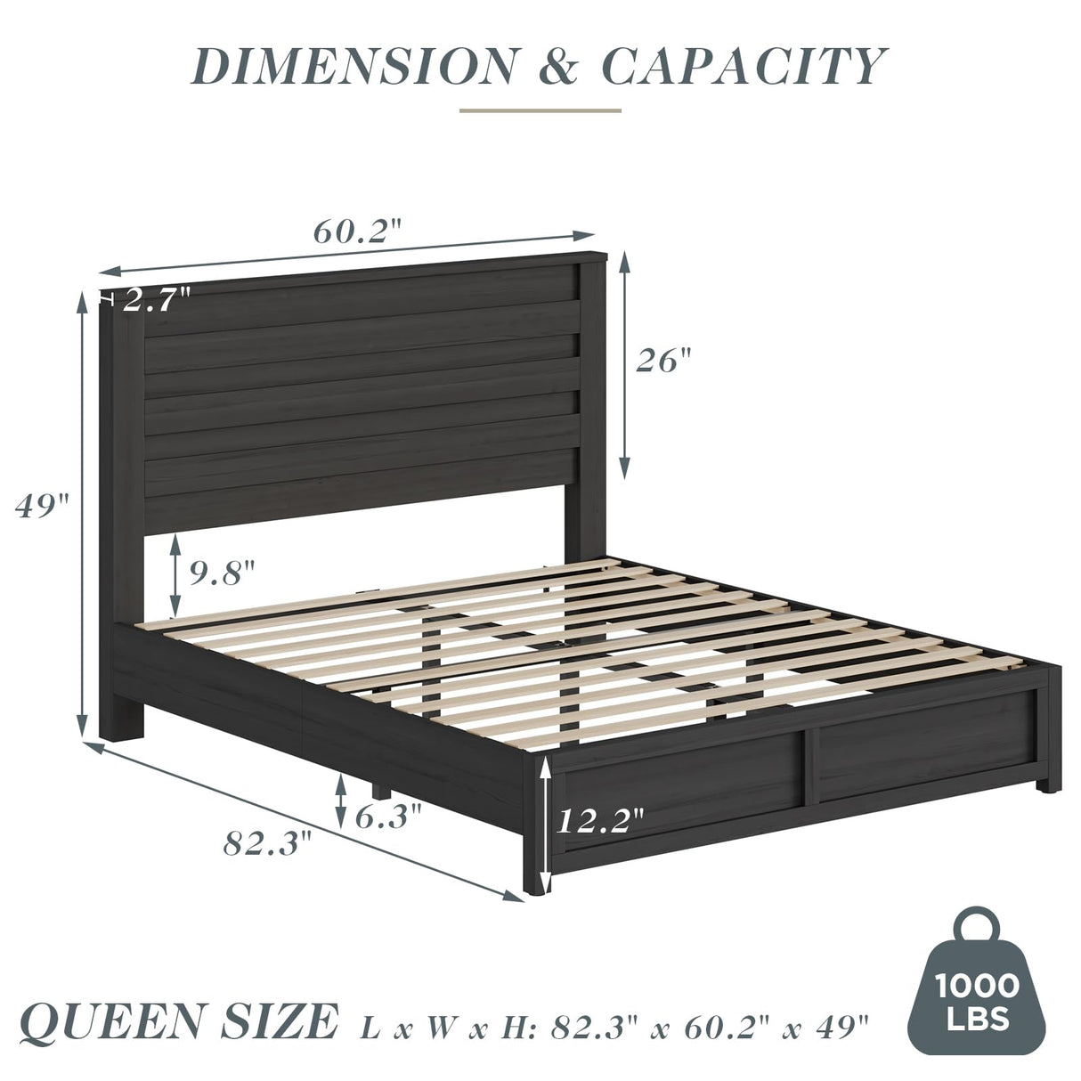 Albott Queen Size Farmhouse Bed Frame with 49" Headboard, Platform Bed Frame with Wood Slats Support/No Box Spring Needed/Easy Assembly, Black Albott