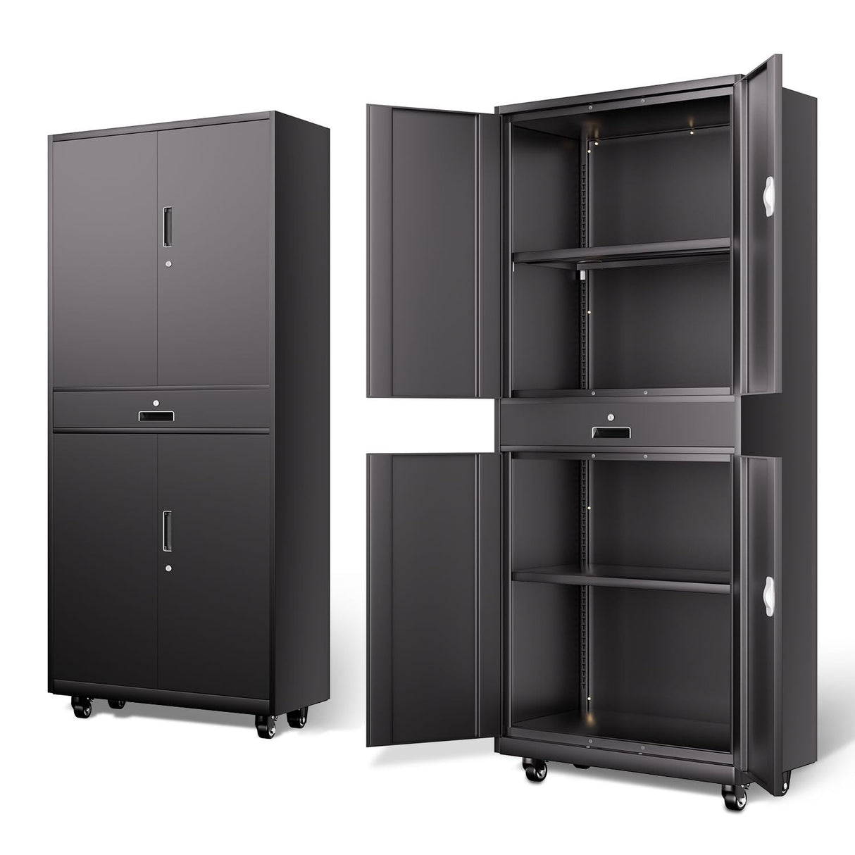 DNA MOTORING 73'' Metal Storage Cabinet, Rolling Garage Cabinet with 1 Drawer and Adjustable Shelves, Lockable Heavy Duty Metal Locker for Garage,Office,Home,Gym, Black, TOOLS-00630-BK-BK-A DNA MOTORING