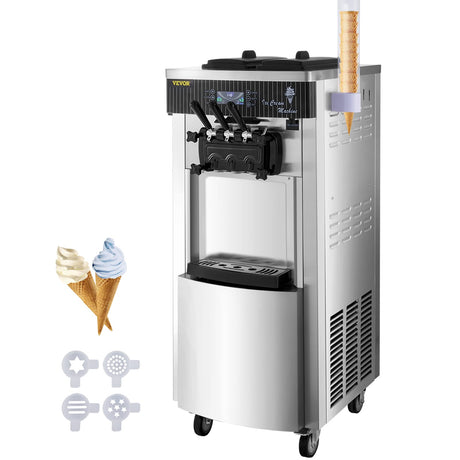 VEVOR Commercial Soft Ice Cream Machine, 2200W Serve Yogurt Maker, 3 Flavors Ice Cream Maker, 5.3 to 7.4 Gallons per Hour Auto Clean LCD Panel for Restaurants Snack Bars, Stainless Steel VEVOR
