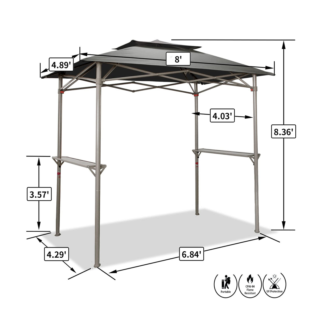 CROWN SHADES 8 x 5 Foot BBQ Grill Gazebo Beach Tent Canopy, Easy Up Outdoor Patio Shade Cover with Double Tier Vented Top & 2 Side Shelves, Grey CROWN SHADES