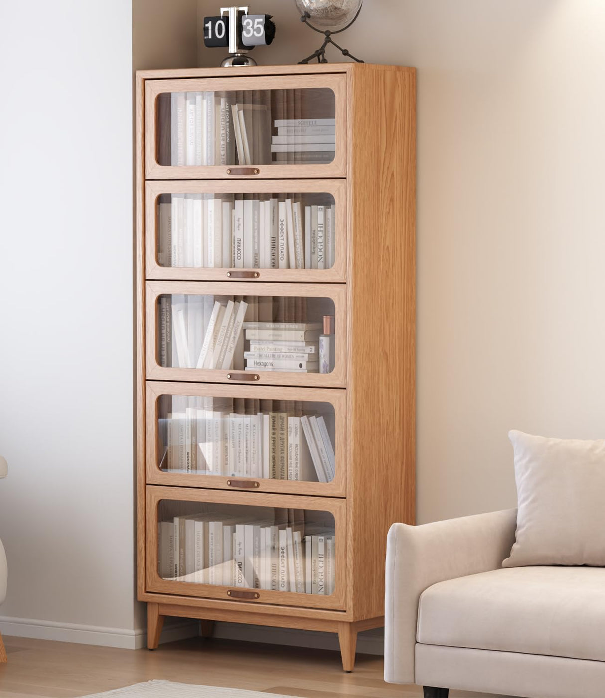 Solid Wood Book Case 5 Tier Bookcase with Tempered Clear Glass Flip-Up Doors Bookshelves Brown Natural Wood Bookshelf Versatile Pantry Cabinet with Storage Home Office (Log Color D14xW32xH72 inch) AnywaysWood