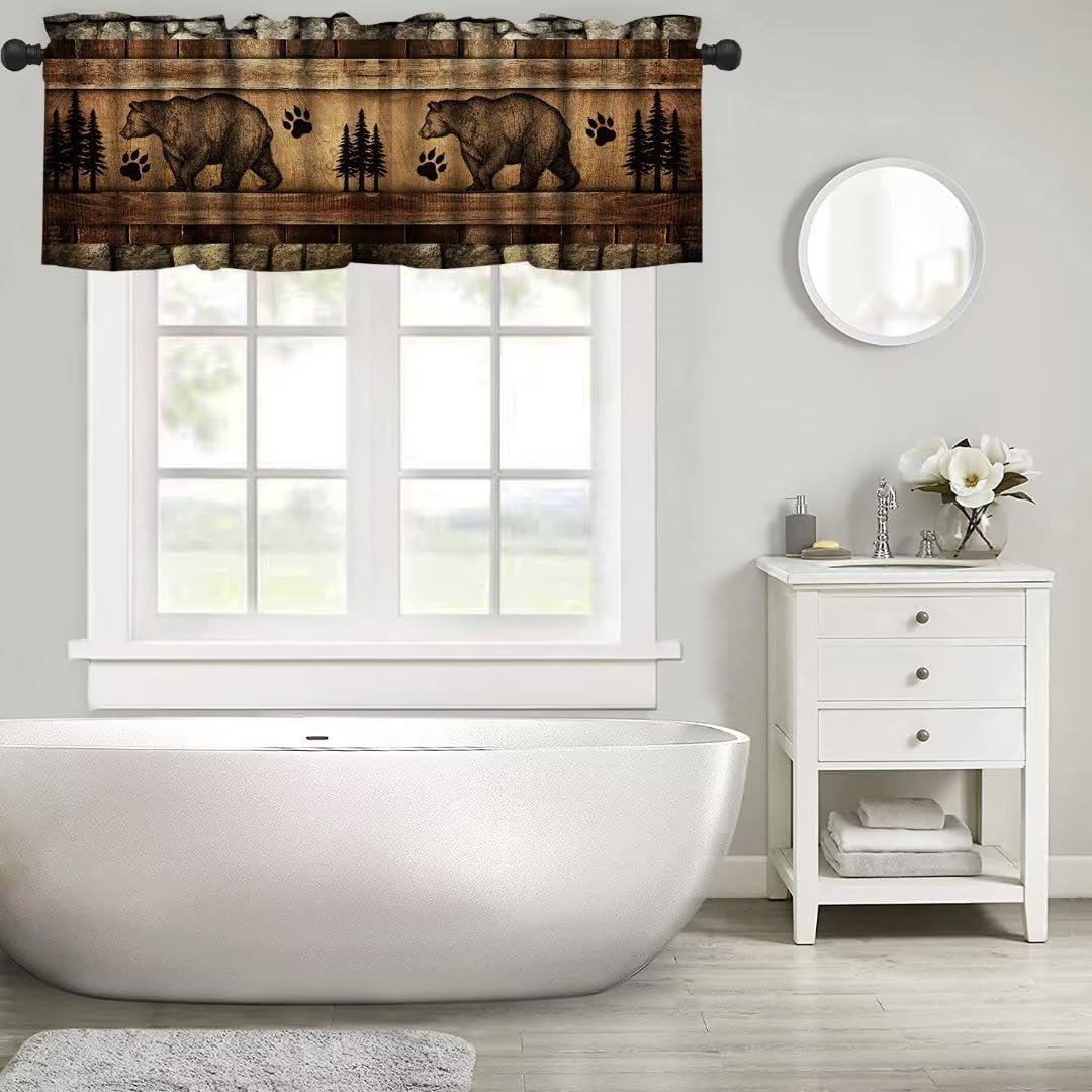 Retro Bear Curtain Valances,Rustic Woodland Wild Animal Rod Pocket Window Valance,Farmhouse Stone Wall Wooden Board Print Blackout Short Topper Curtain for Living Room Kitchen,54x18in JanJCurt