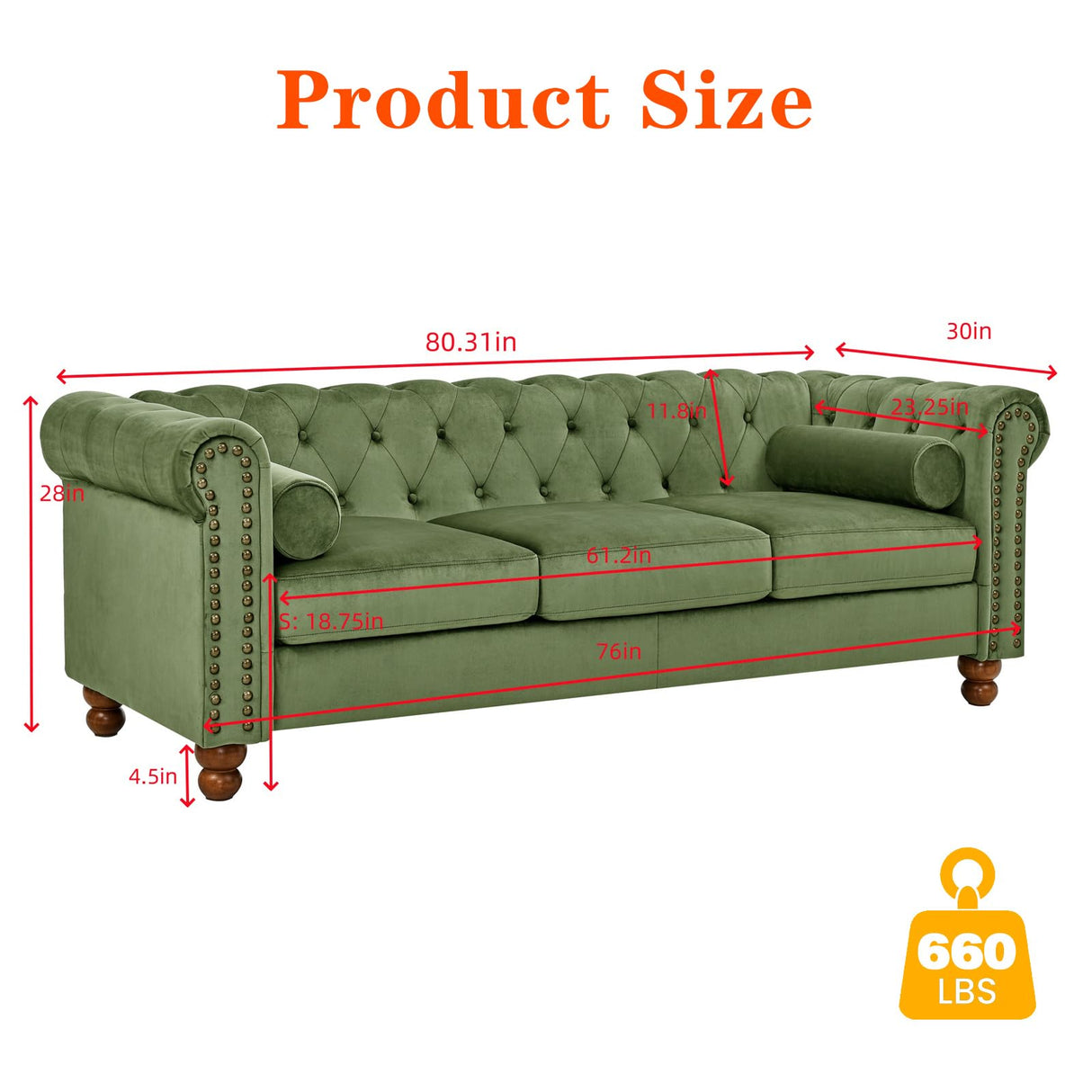 Anwick Chesterfield 3 Seater Sofa, Mid Century Modern Large Sofa with Rolled Arms and Solid Wood Legs, Upholstered Leather Tufted Couch for Living Room, Bedroom, Office, Apartment (Green) Anwick