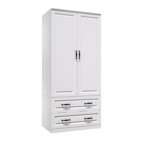 NewBeth 71" Wood Armoire Wardrobe Closet with 2 Doors and 2 Drawers, Clothes Storage Organizer Cabinets with Hanging Rod Freestanding Wardrobe for Bedroom, White (Style1) NewBeth
