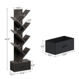 Rolanstar 7 Tier Bookshelf with Drawer, Tree Bookshelf, Small Bookshelves with Storage Rack for CDs/Movies/Books, Standing Book Shelf, Tall Narrow Bookcase for Living Room, Bedroom, Black Rolanstar