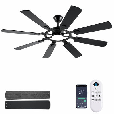 FUMLTP 62 Inch Ceiling Fans with Lights, Large Low Profile Ceiling Fan with Remote Control, 8 Double Sided Blades, 6 Speed Reversible DC Motor, Silent Timing, Black Indoor Outdoor Ceiling Fan