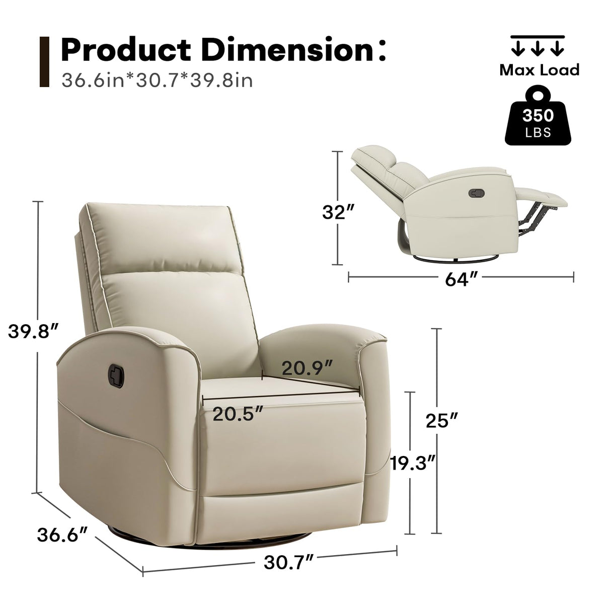 HAOMARKETS Swivel Rocker Recliner Chair, Manual Faux Leather Glider Rocking Recliners for Adults, 360° Swivel Nursery Reclining Sofa with Storage Pocket HAOMARKETS