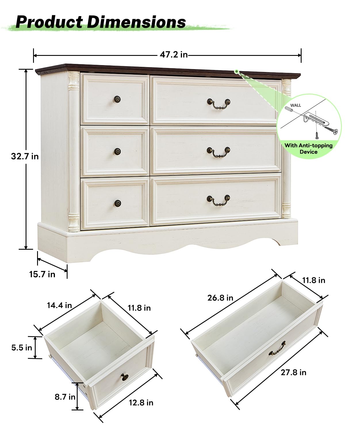 6 Drawers Dresser, Farmhouse Chest of Drawers with Charging Station, Distressed Finish Design, Modern Storage Dressers Organizer TV Stand for Bedroom, Living Room, Hallway, Antique White LegacyAmerhome