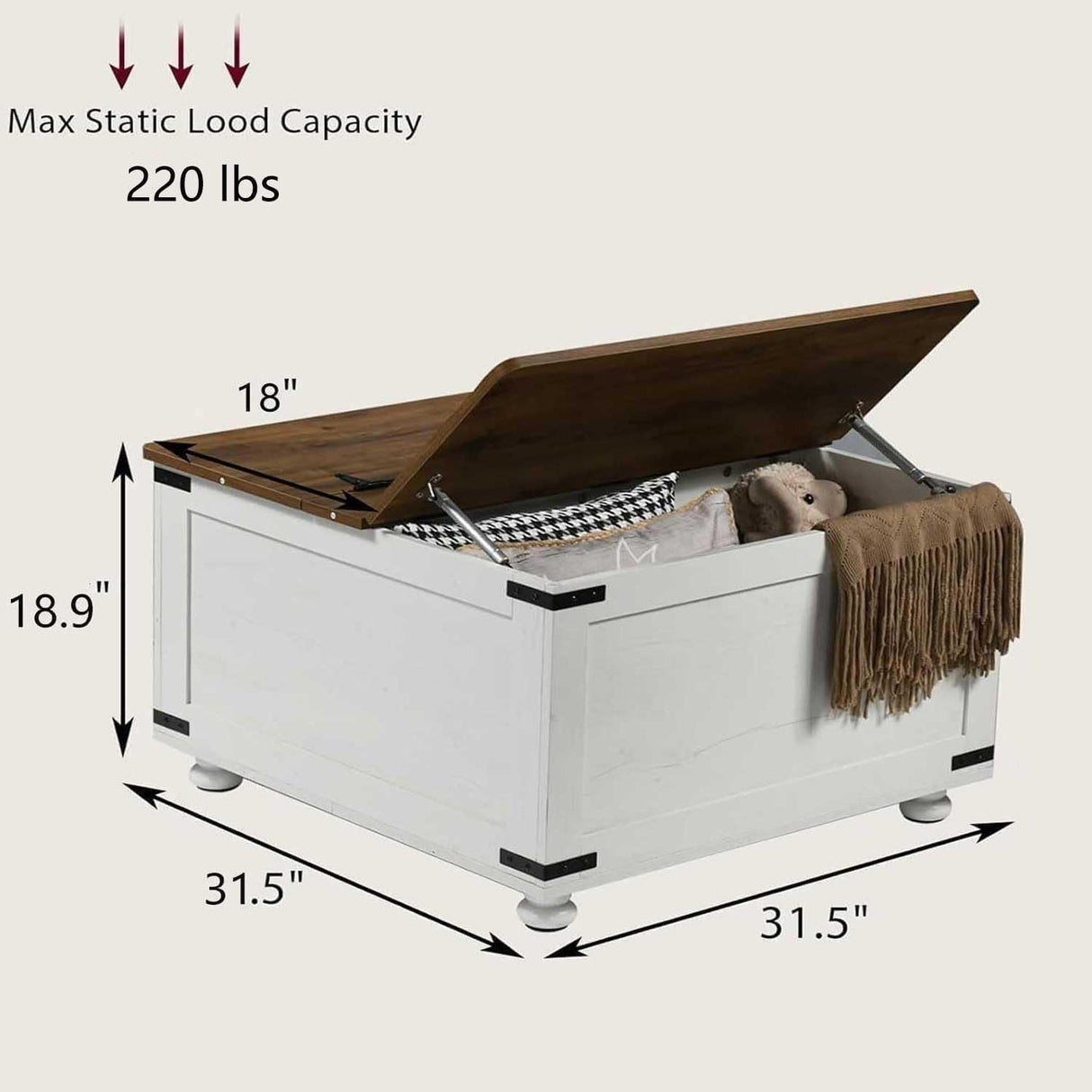 MaverickFurni Farmhouse Coffee Table with Storage, White Square Center Table with Hidden Storage Organizer for Living Room, Center Table with Hinged Flip-Top Lids MaverickFurni