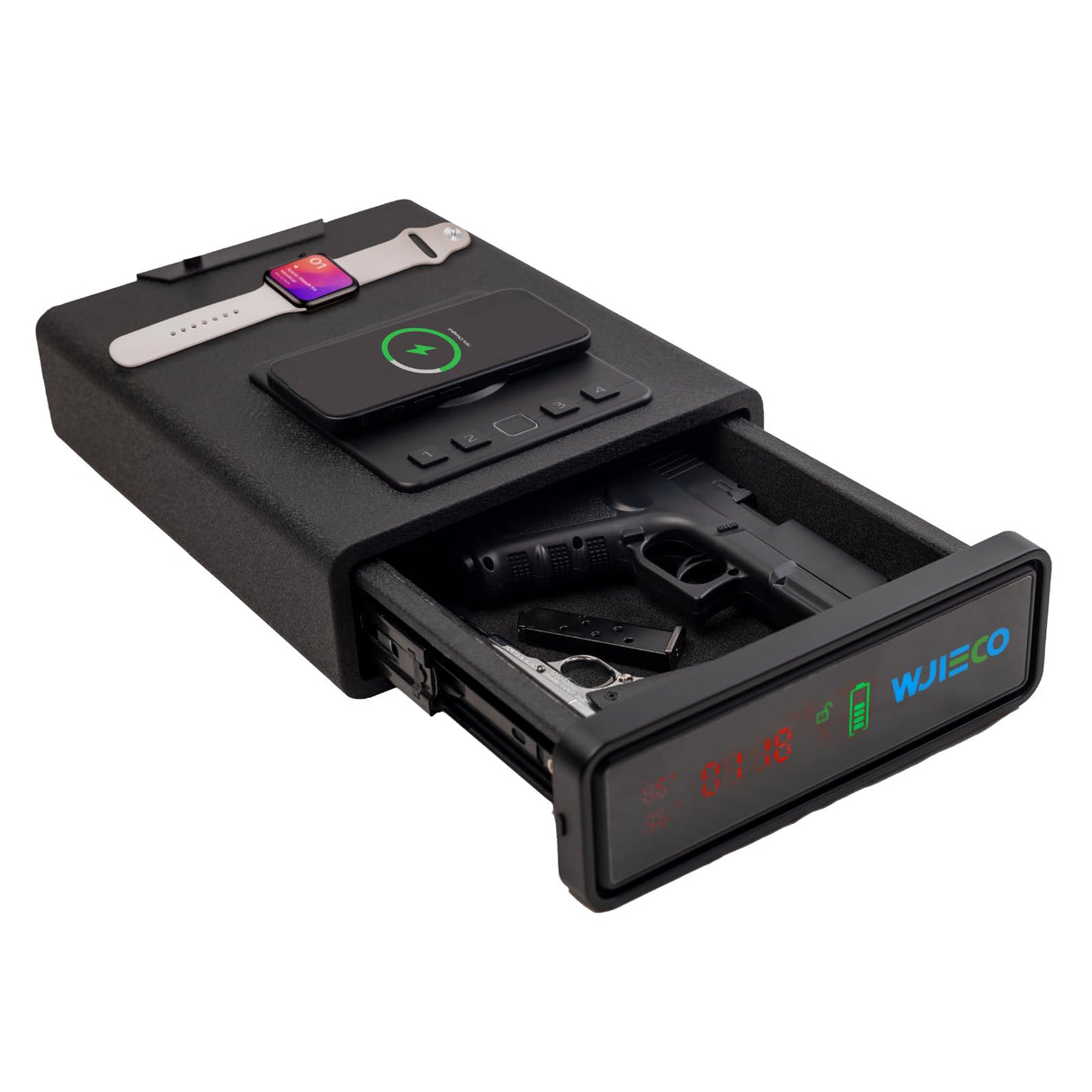 WJIECO Biometric Smart Gun Safe with Phone Charging for Handgun - Biometric Gun Safe 3 Ways Quick Access with Fingerprint/Keypad/Key Lock for Bedside Nightstand or Car with LCD WJIECO