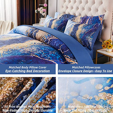 PERFEMET Watercolor Marble Pattern Comforter Sets Blue Tie Dye Bedding Set King Size 3D Printing Bed-in-A-Bag, Stylish Retro Artwork Quilt Set Durable Soft Bed Collections 6 Pieces(Blue,King Size) PERFEMET