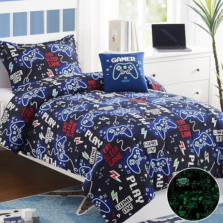 Kaleido Space Kids Comforter Set Twin Size for Boys, Glow in The Dark Gamer Bedding Set 1 Comforter, 1 Decor Pillow, 1 Pillow Sham, Twin XL Comforter Set Kaleido Space