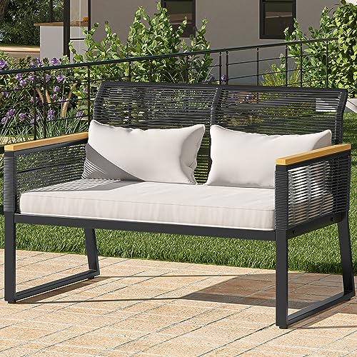 YITAHOME Patio Loveseat Wicker Outdoor Furniture, All Weather Rattan Conversation Loveseat for Backyard, Balcony and Deck with Wooden Armrest, Gray Cushions (Black) - WoodArtSupply