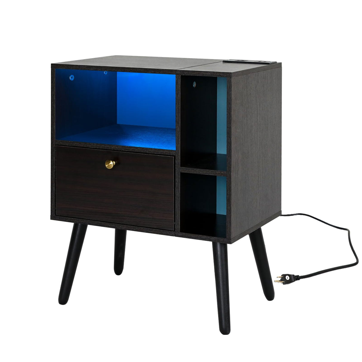 VIWODS Nightstand with Charging Station and LED Lights, Bedside Table with Solid Wood Legs for Bedroom, Black Oak and Blue VIWODS