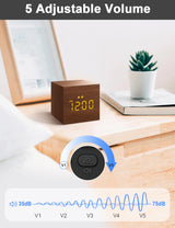 Digital Alarm Clock, with Wooden Electronic LED Time Display, 3 Alarm, 2.5-inch Cubic Small Mini Wood Made Electric Clocks for Bedroom, Bedside, Desk, Brown JALL