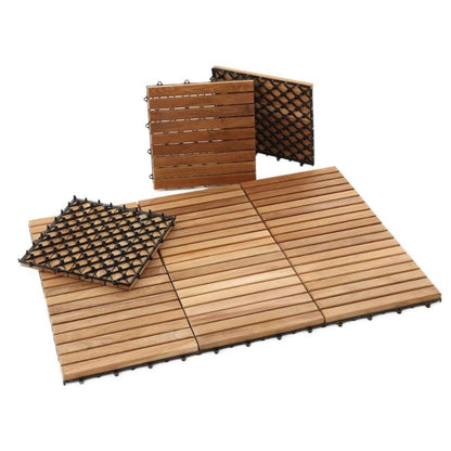 Nordic Style Teak Interlocking Tiles - Wooden Floor Tile Set for Indoor and Outdoor Use - Perfect for Sauna, Patio, Deck, Spa Floors - 10 Square Feet (12" x 12" - 9 Slat Design, Natural Finish)