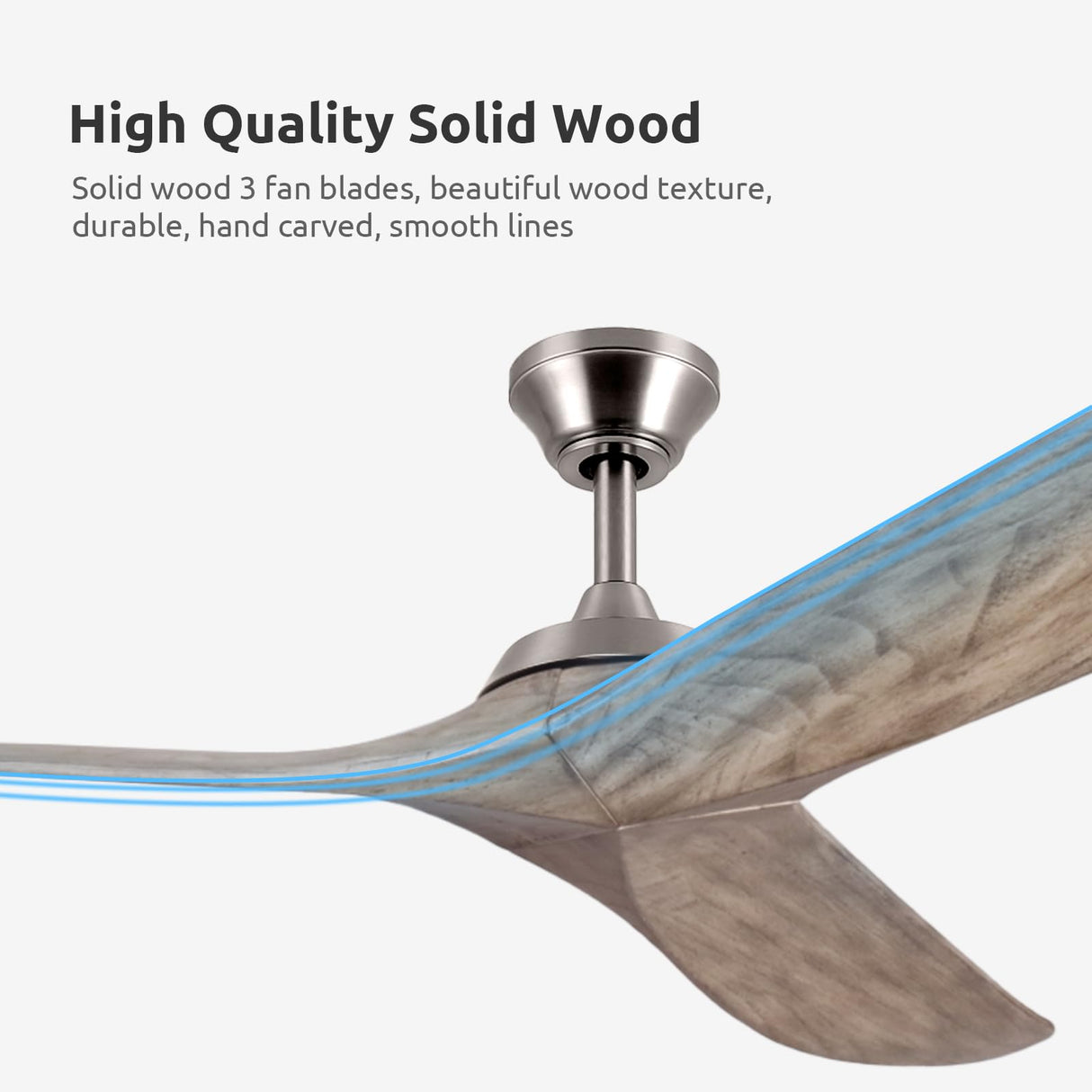 NWIASS 60 Inch Ceiling Fan No Light, Large Outdoor Ceiling Fan without Light with Remote, Premium Grey 3 Blade Solid Wood Ceiling Fan-Brushed Nickel, Modern Quiet DC Ceiling Fan for Patio Exterior NWIASS