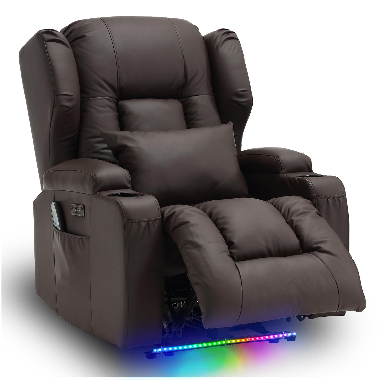 IPKIG Power Recliner Chair for Adult with Massage and Heat - Home Theater Seating Seats Power Movie Gaming Sofa with LED Lights, Cup Holders and Lumbar Pillow for Living Room, Faux Leather, Brown